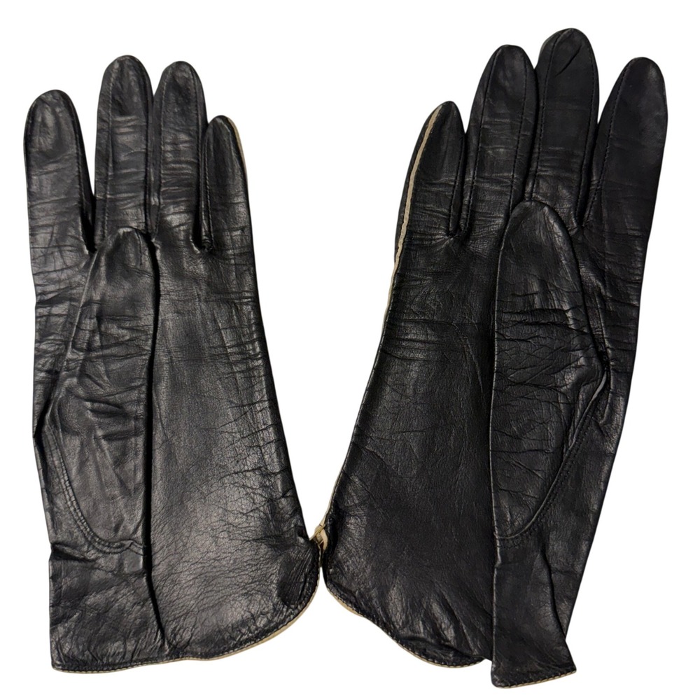 Vintage Black Leather Gloves Cream Piping Zip Wrist Lined Winter Dress Gloves
